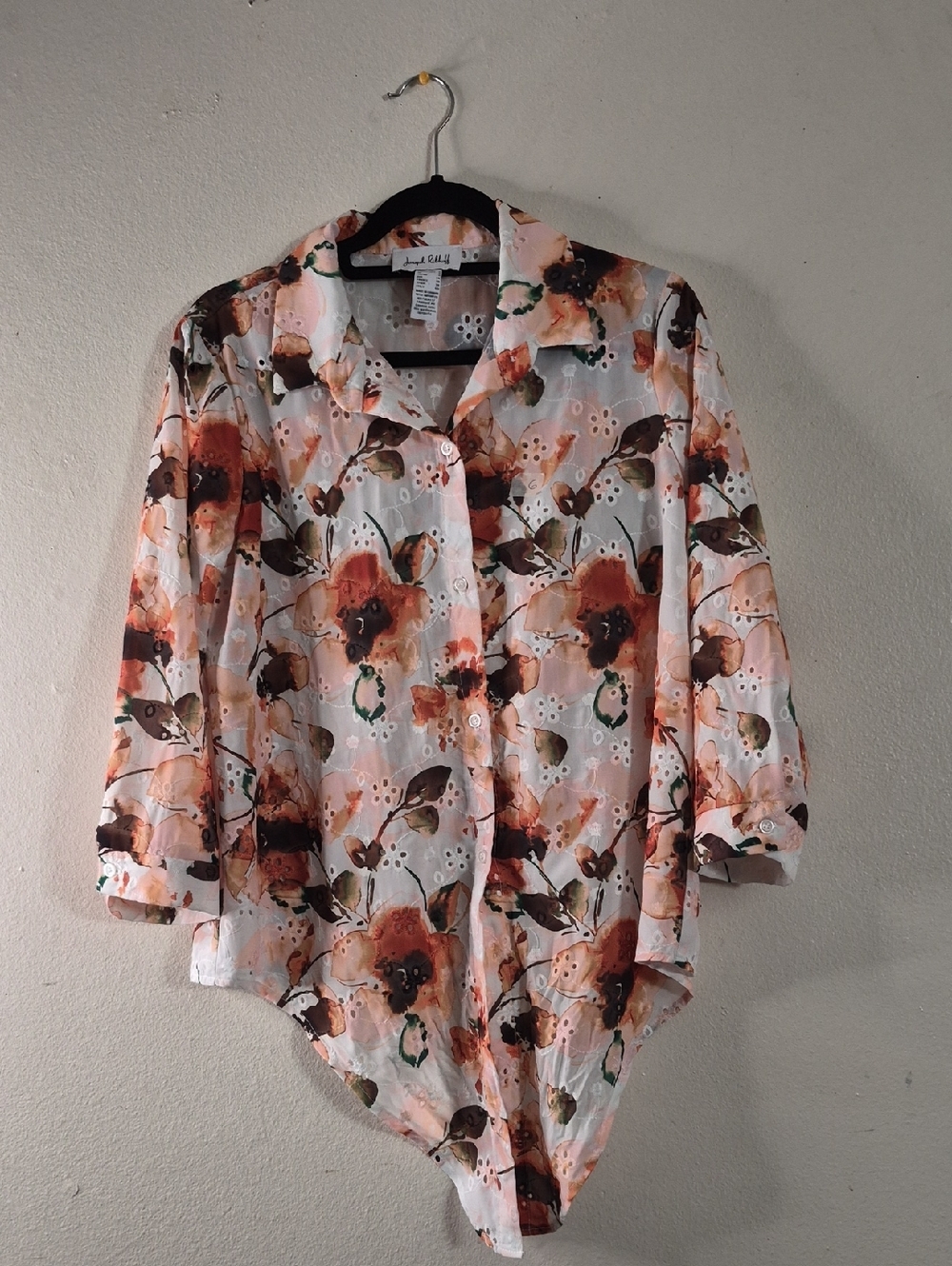 Joseph Ribkoff Peach Multi Floral Eyelet Button Front Shirt